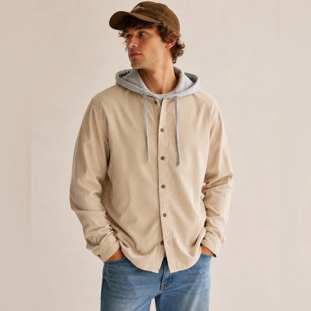 PacSun Tan Corduroy Hooded Shacket Shirt Jacket Beige Gray Hoodie Size Small
